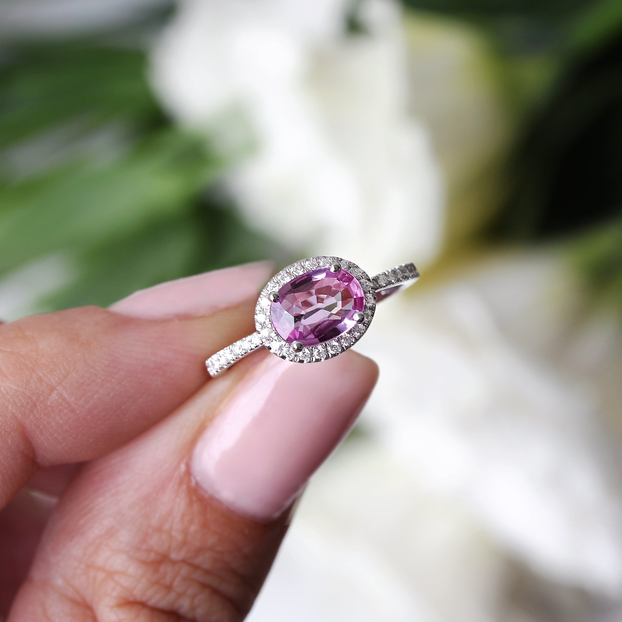 Oval Pink Sapphire & Diamond Halo, Ivy engagement ring - sillyshinydiamonds