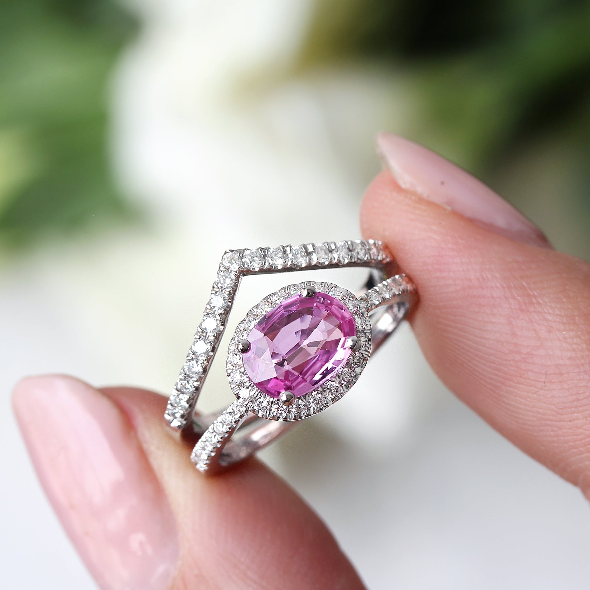 Oval Pink Sapphire & Diamond Halo, Ivy engagement ring - 14K white gold, size 6.5 - sillyshinydiamonds