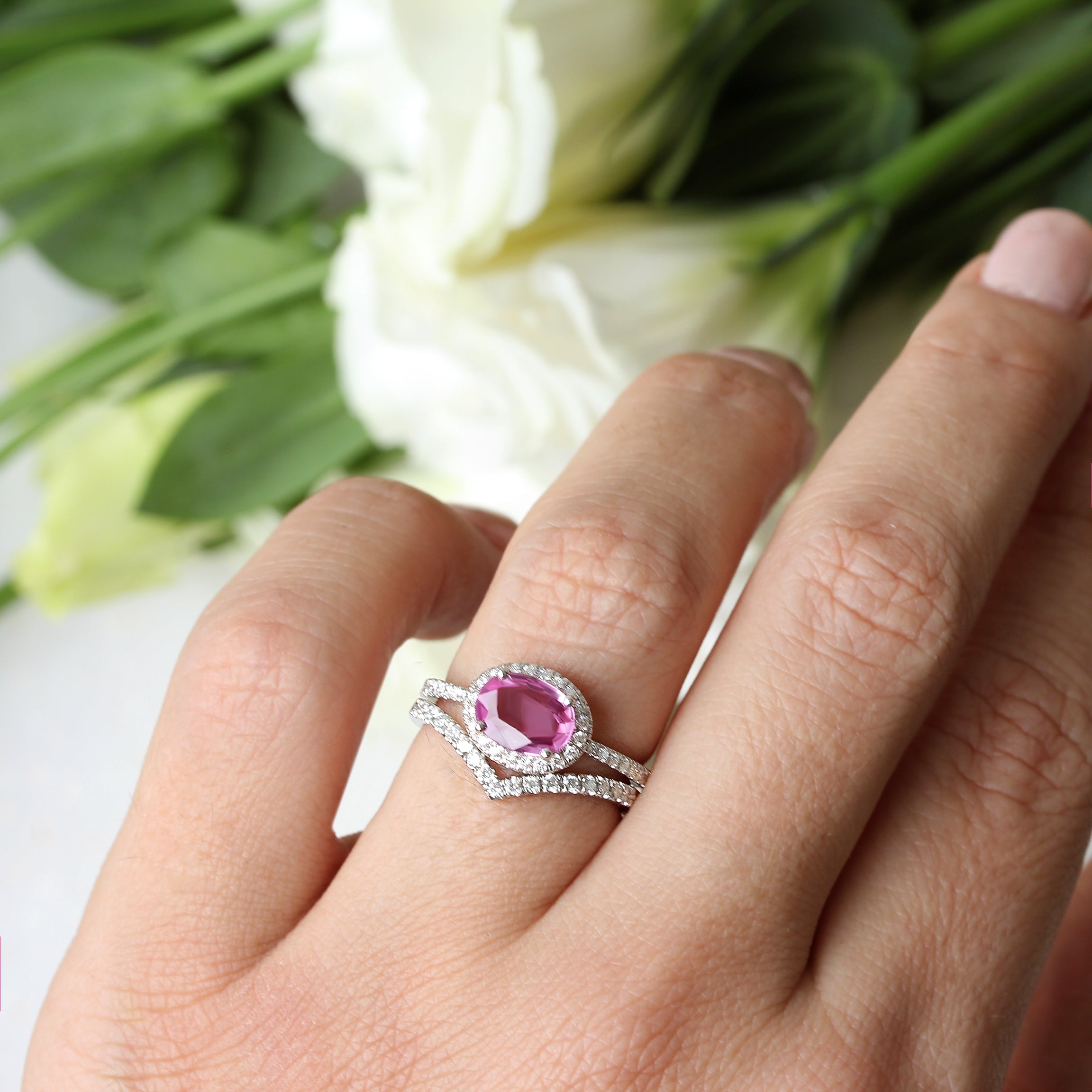 Oval Pink Sapphire & Diamond Halo, Ivy engagement ring - sillyshinydiamonds