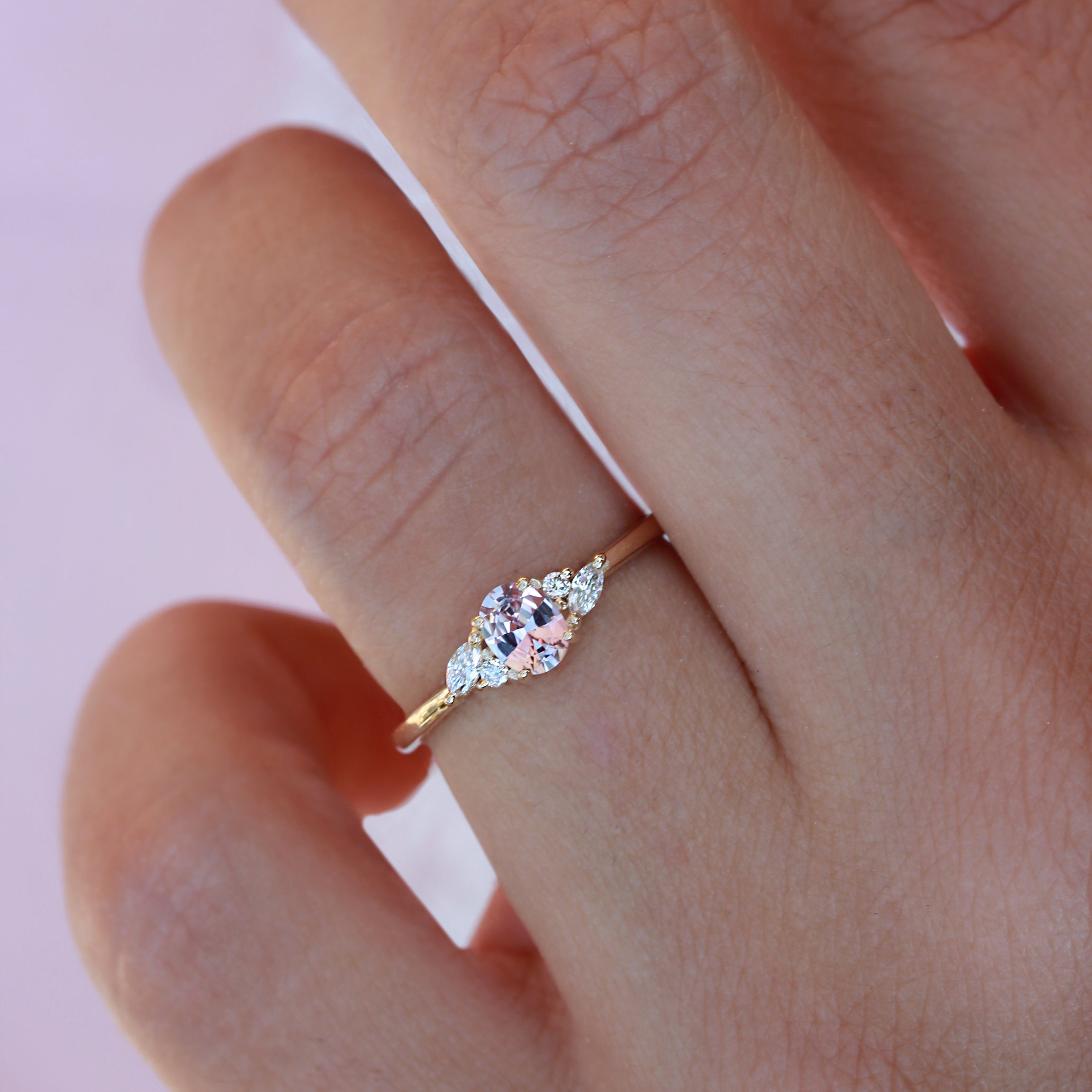 Oval Pink Sapphire & Diamonds Delicate Engagement Ring - Ella