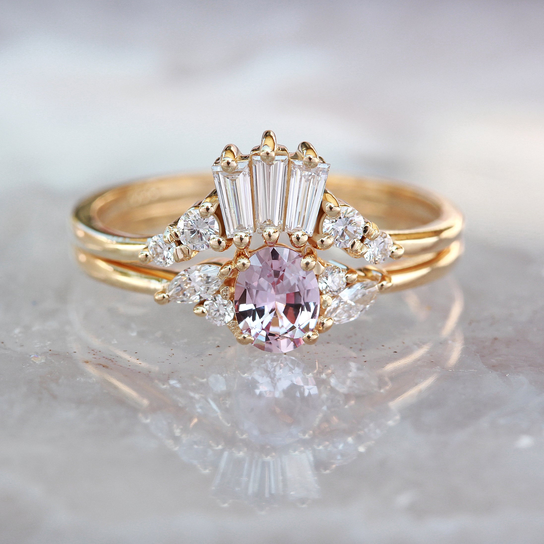 Oval Pink Sapphire & Diamonds Delicate Engagement Ring - Ella