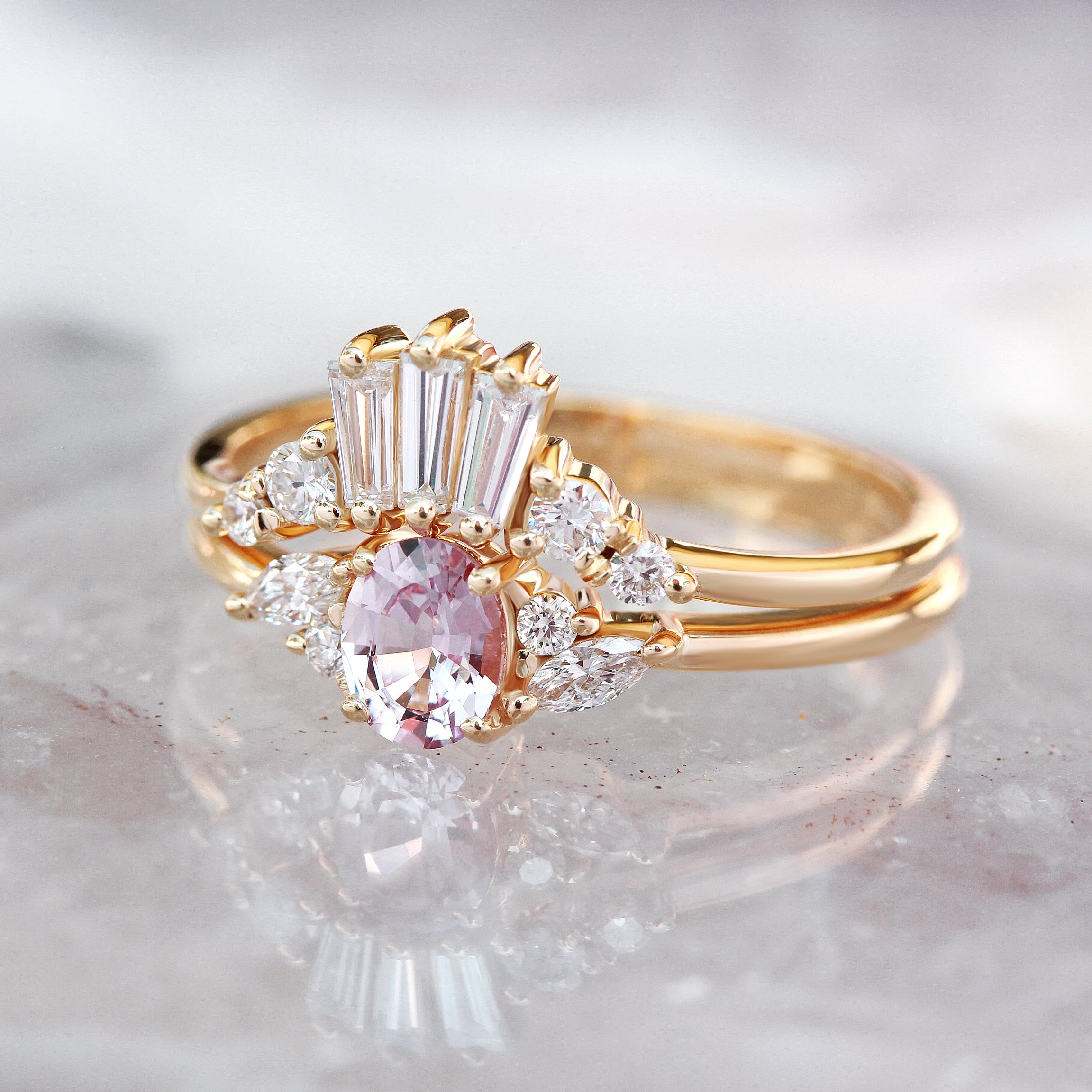 Oval Pink Sapphire & Diamonds Delicate Engagement Ring - Ella