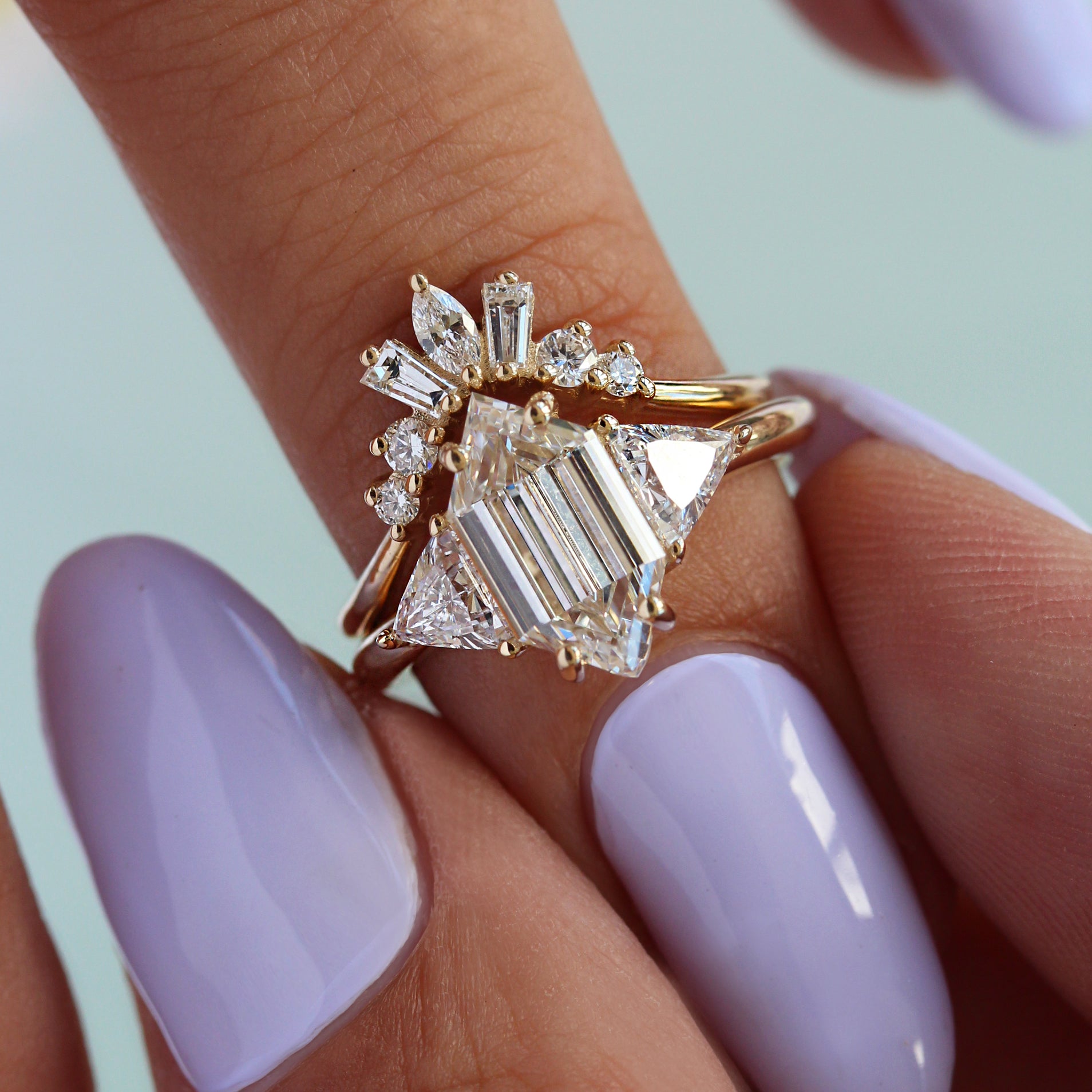 Elongated Hexagon Lab Diamond Three Stone Engagement ring & Nesting Ring "Billy"