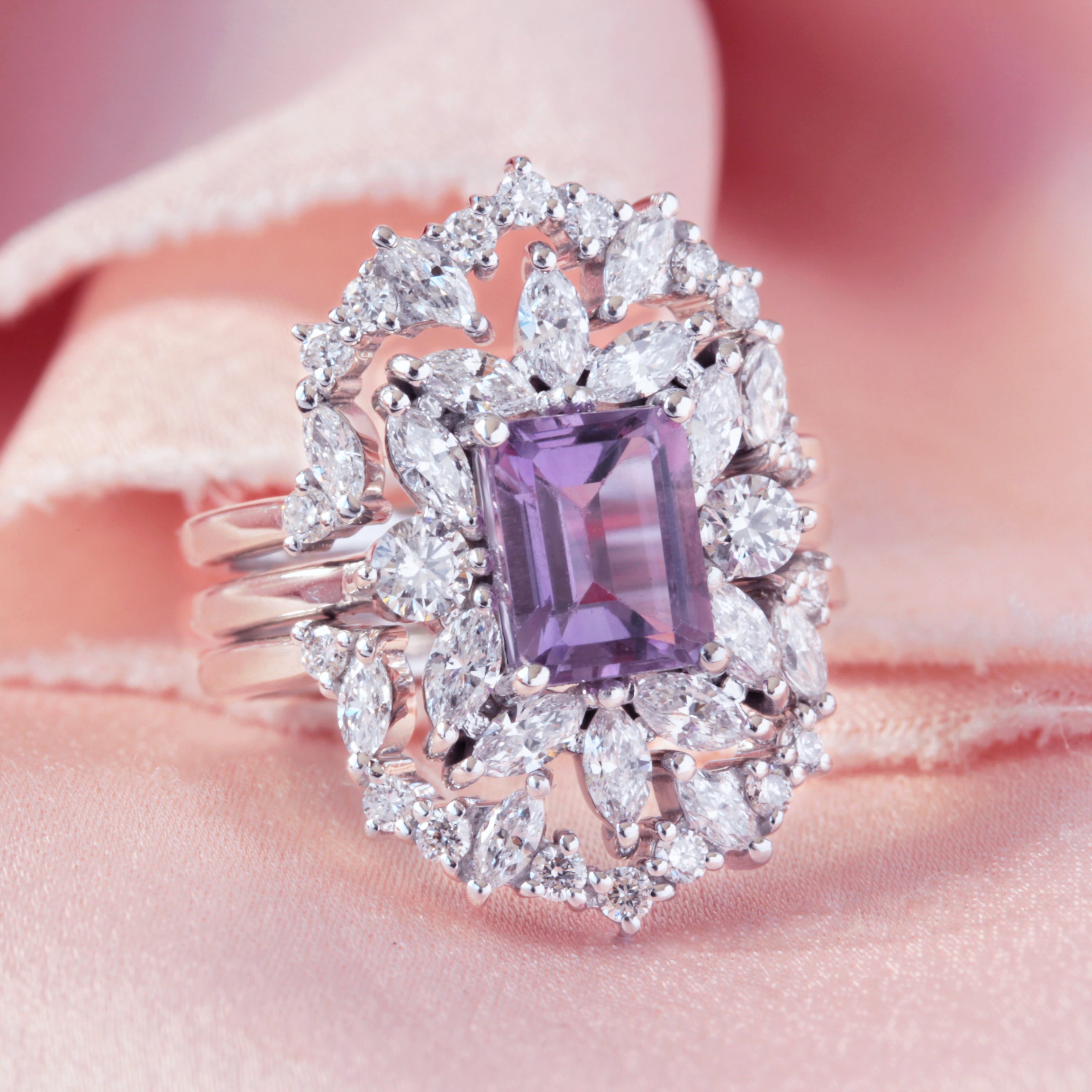 Amethyst Engagement ring, Charlotte with Diamond Ring Guard