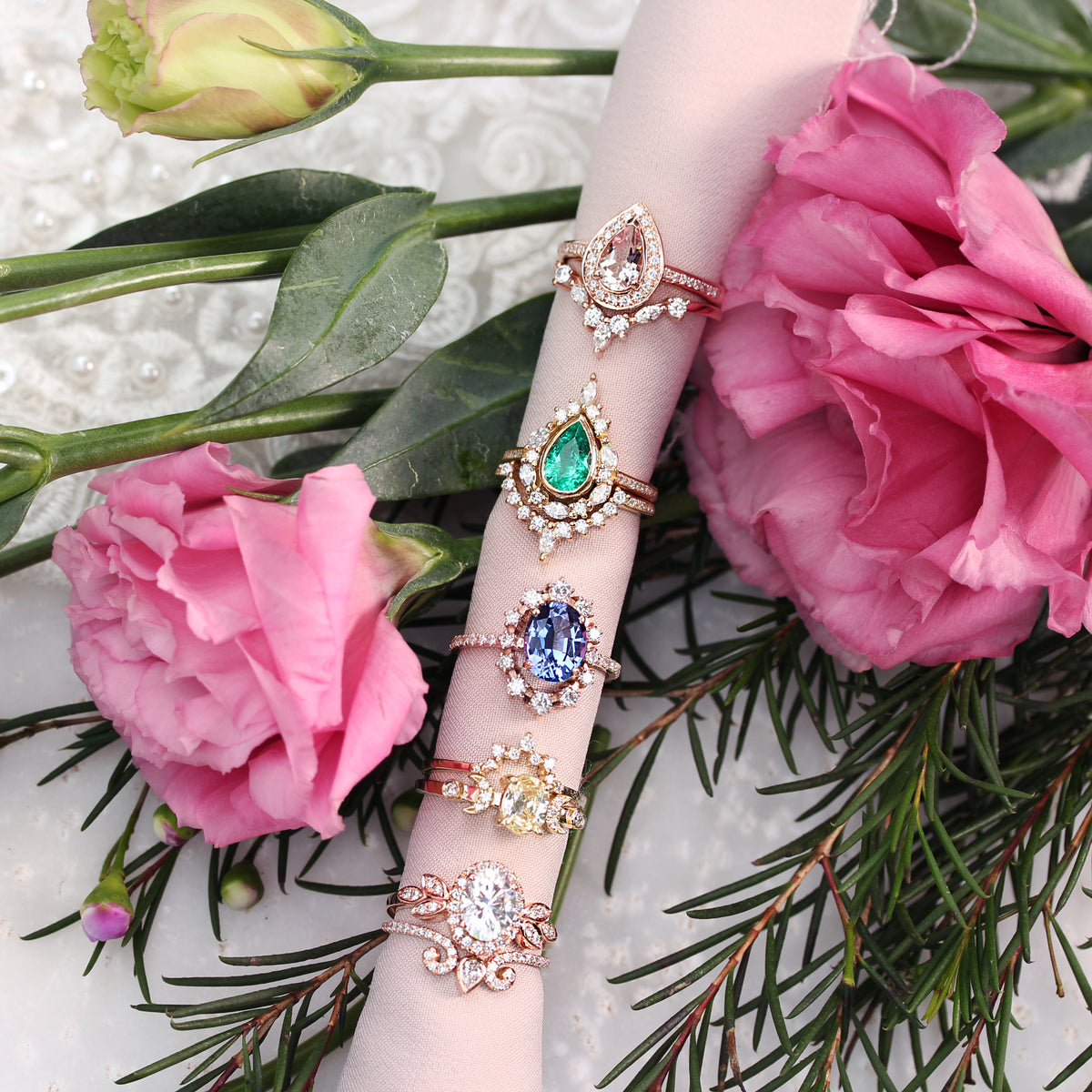 Pear Emerald Unique Engagement Ring Set, Eva - sillyshinydiamonds