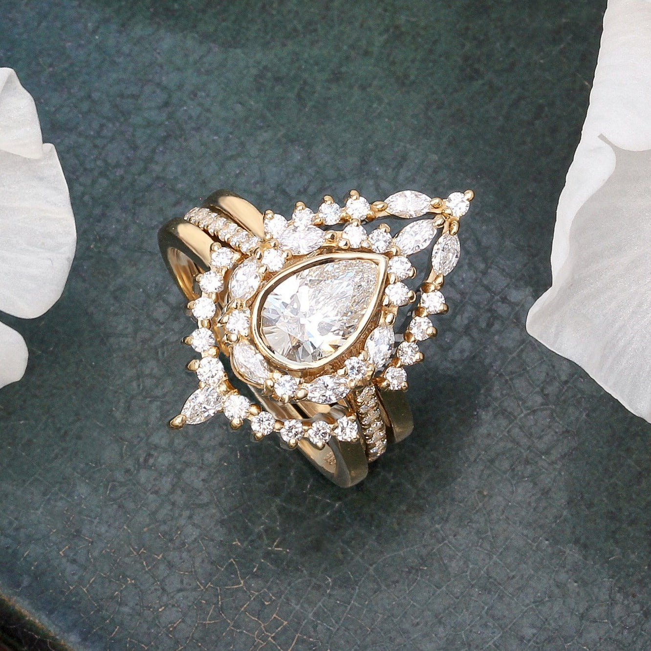 Pear Diamond Unique Engagement Three Rings Set - "Eva" ♥