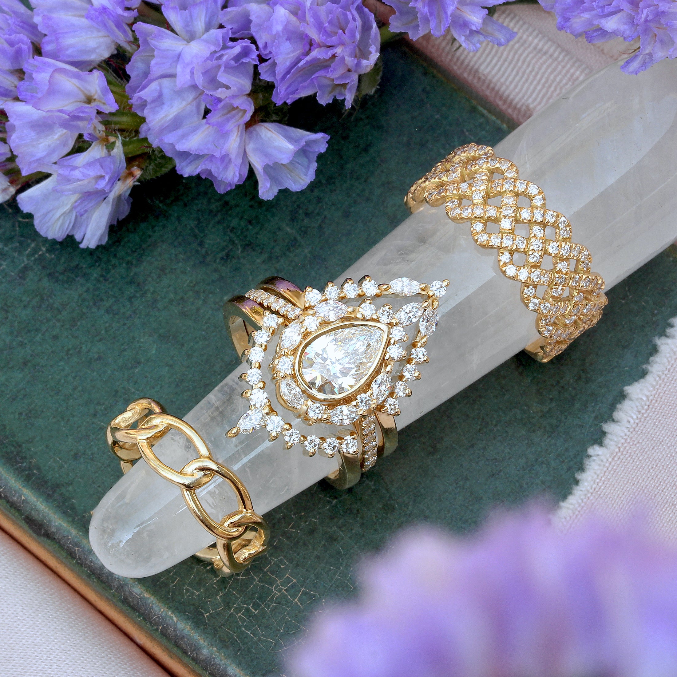 Pear Diamond Unique Engagement Three Rings Set - "Eva" ♥