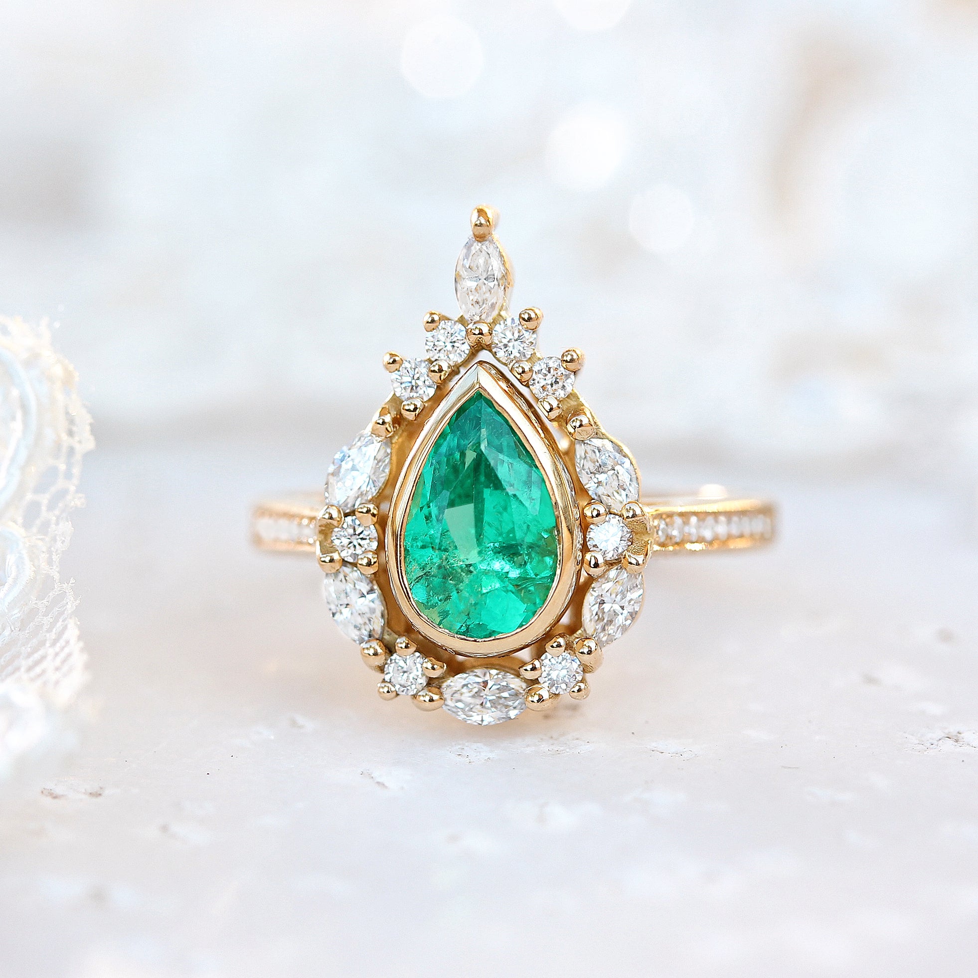 Pear Emerald Unique Engagement Ring Set, Eva - sillyshinydiamonds