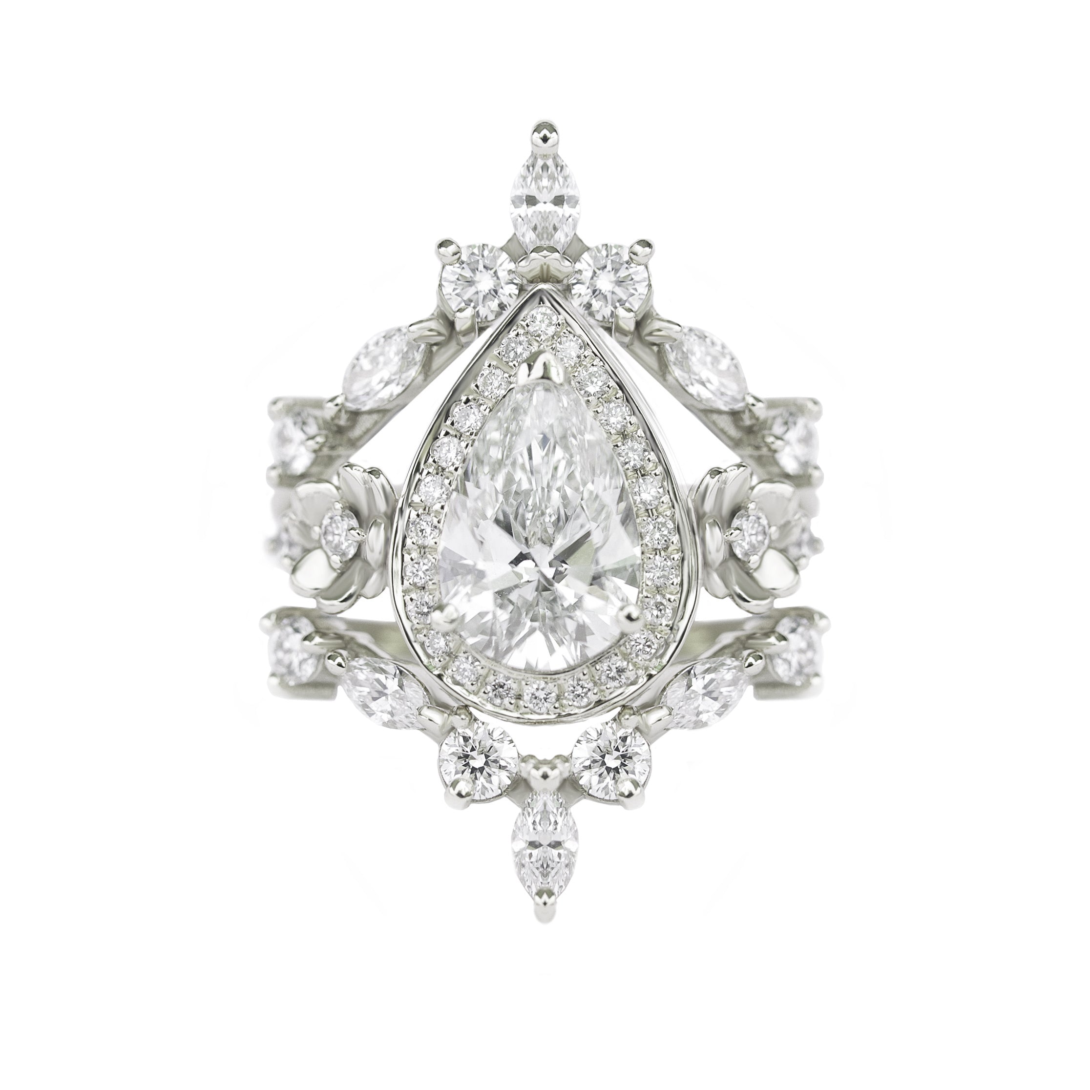 Flowers Pear Diamond Engagement Ring & Two Matching Nesting Bands Three Ring Set - "Antheia"