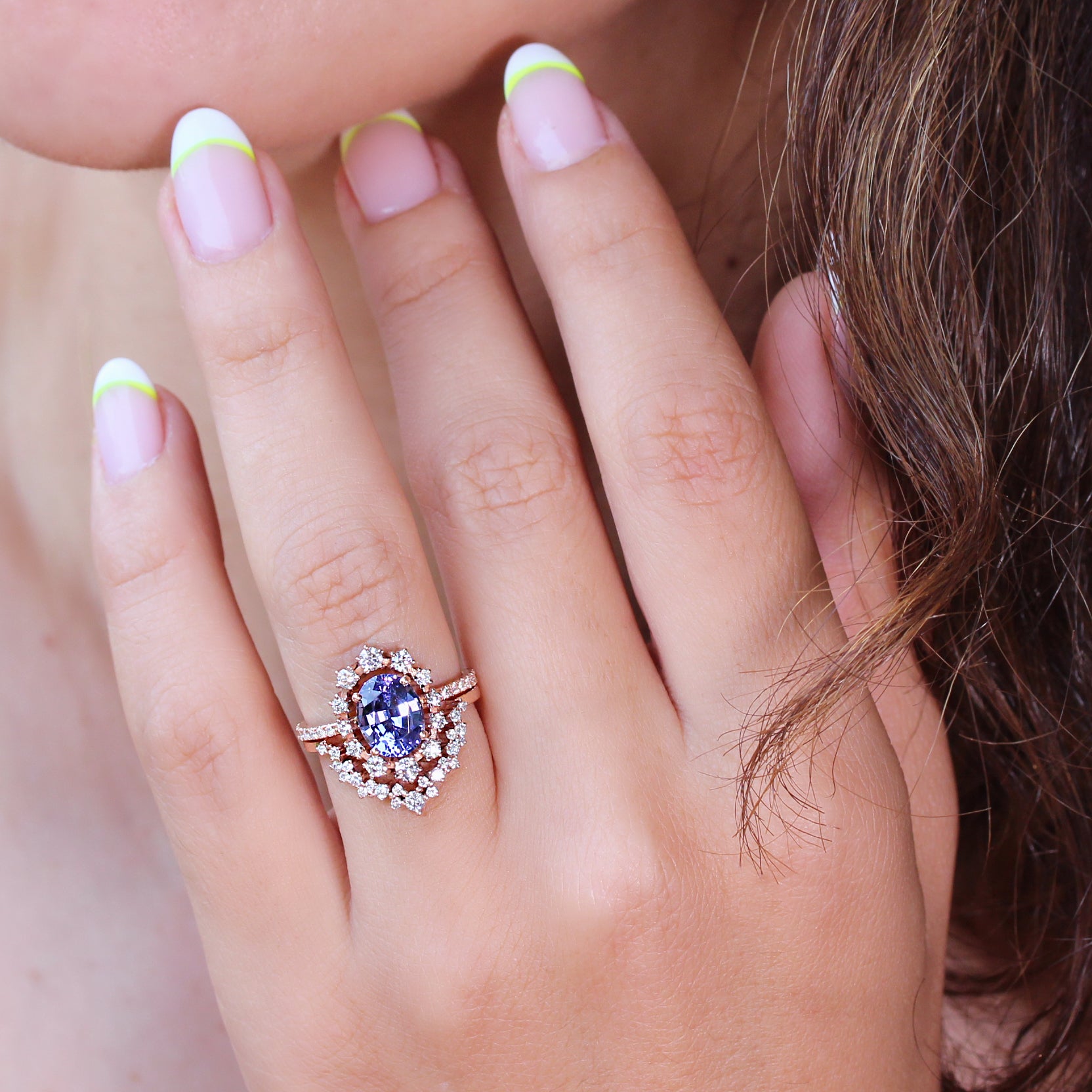 Oval tanzanite & diamond wedding two rings set, Glory ♥