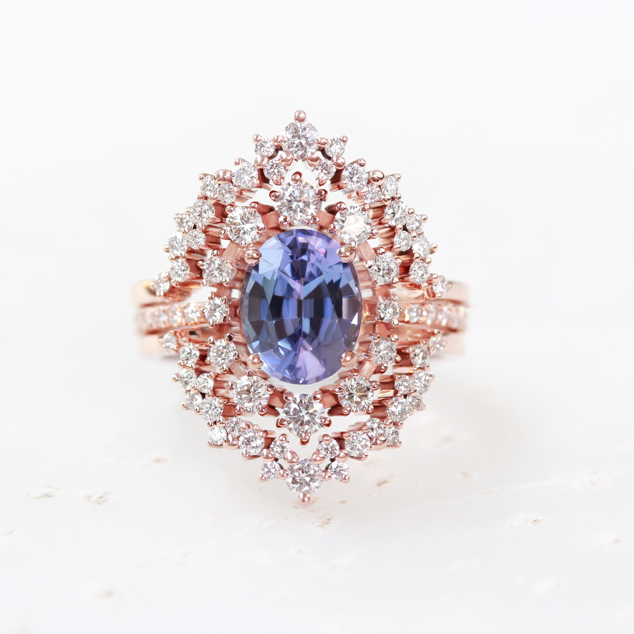 Oval tanzanite & diamond wedding two rings set, Glory ♥