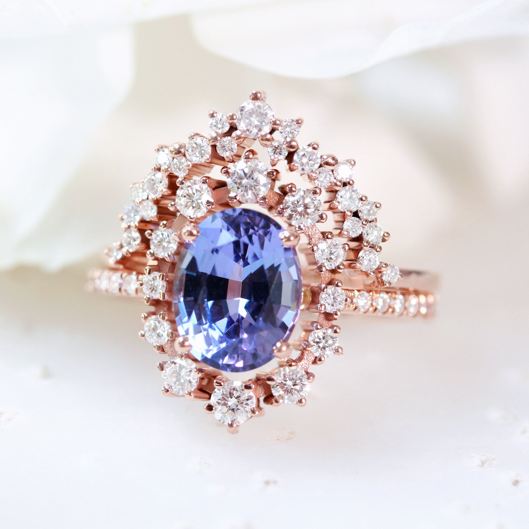 Oval tanzanite & diamond wedding two rings set, Glory ♥