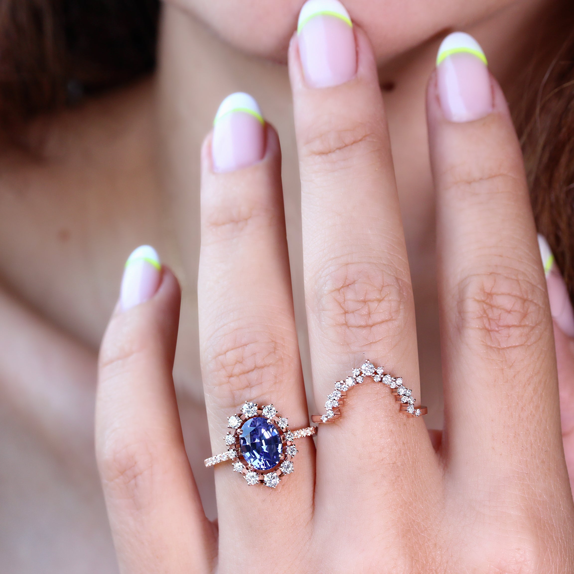 Oval tanzanite & diamond wedding two rings set, Glory ♥