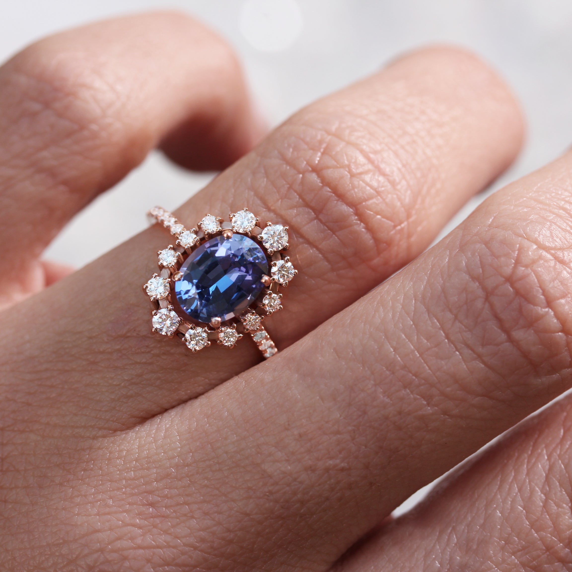 Tanzanite & Diamonds Halo Unique Engagement Ring - Glory - sillyshinydiamonds