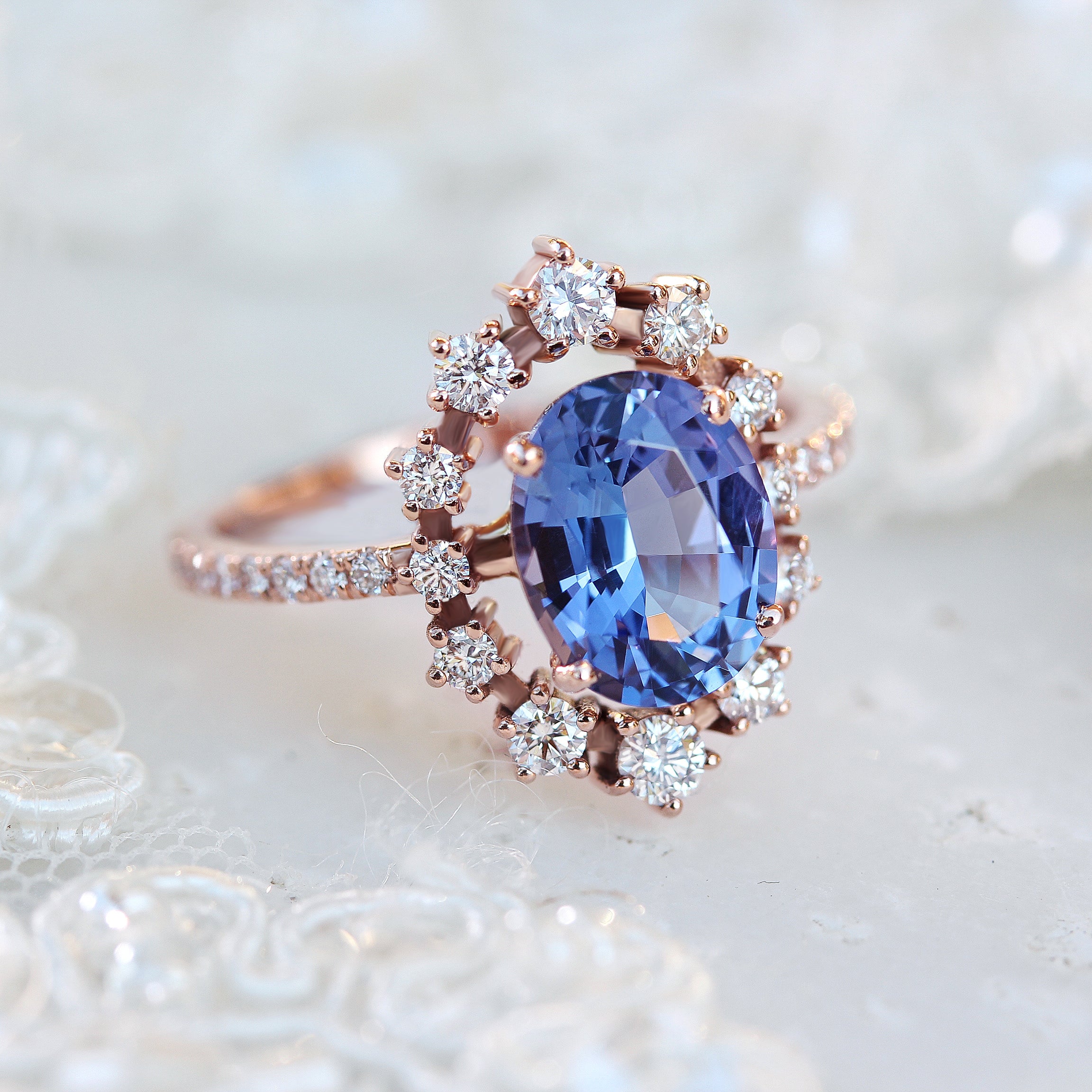 Tanzanite & Diamonds Halo Unique Engagement Ring - Glory - sillyshinydiamonds