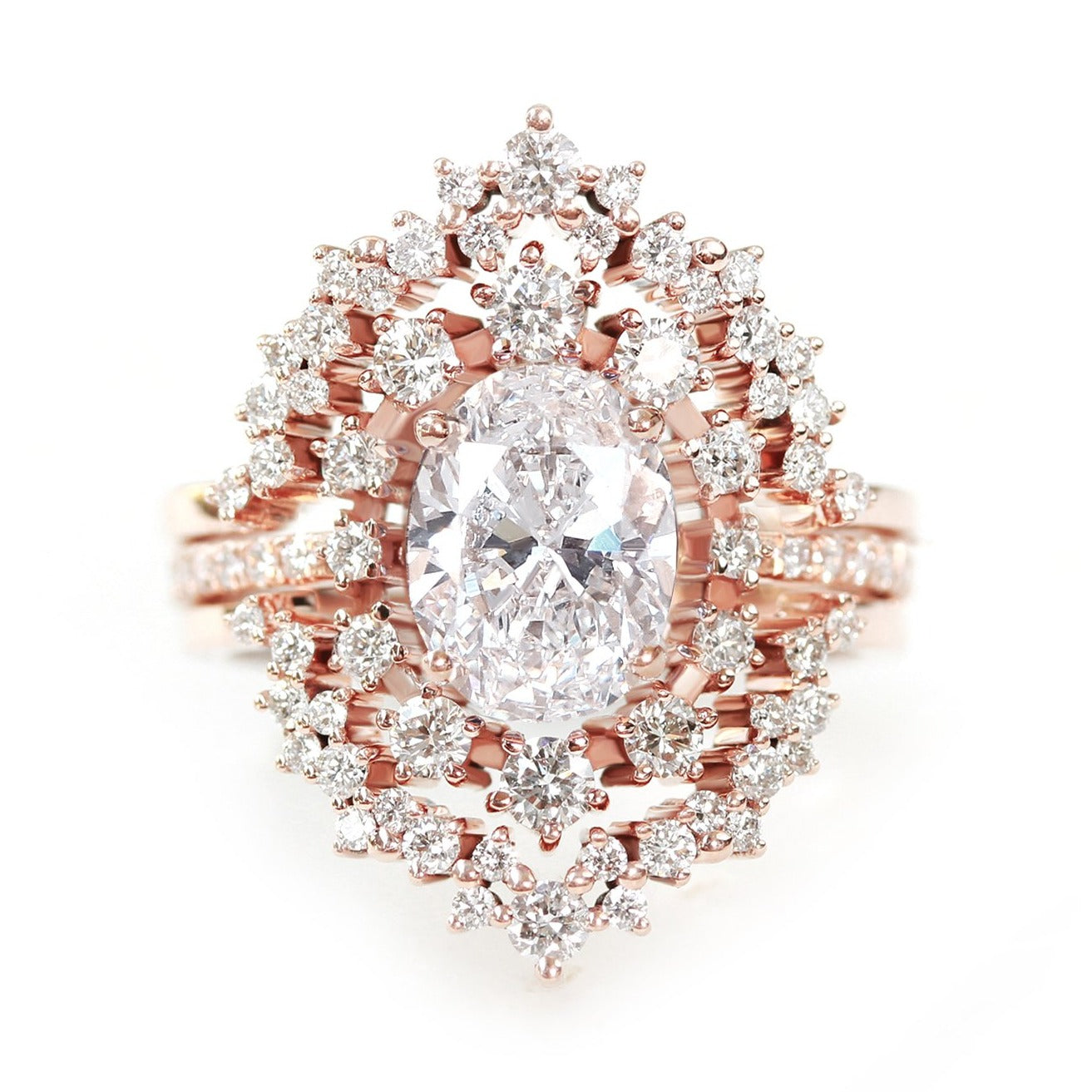 Oval Lab Diamond Halo Unique Wedding Three Ring set - Glory ♥