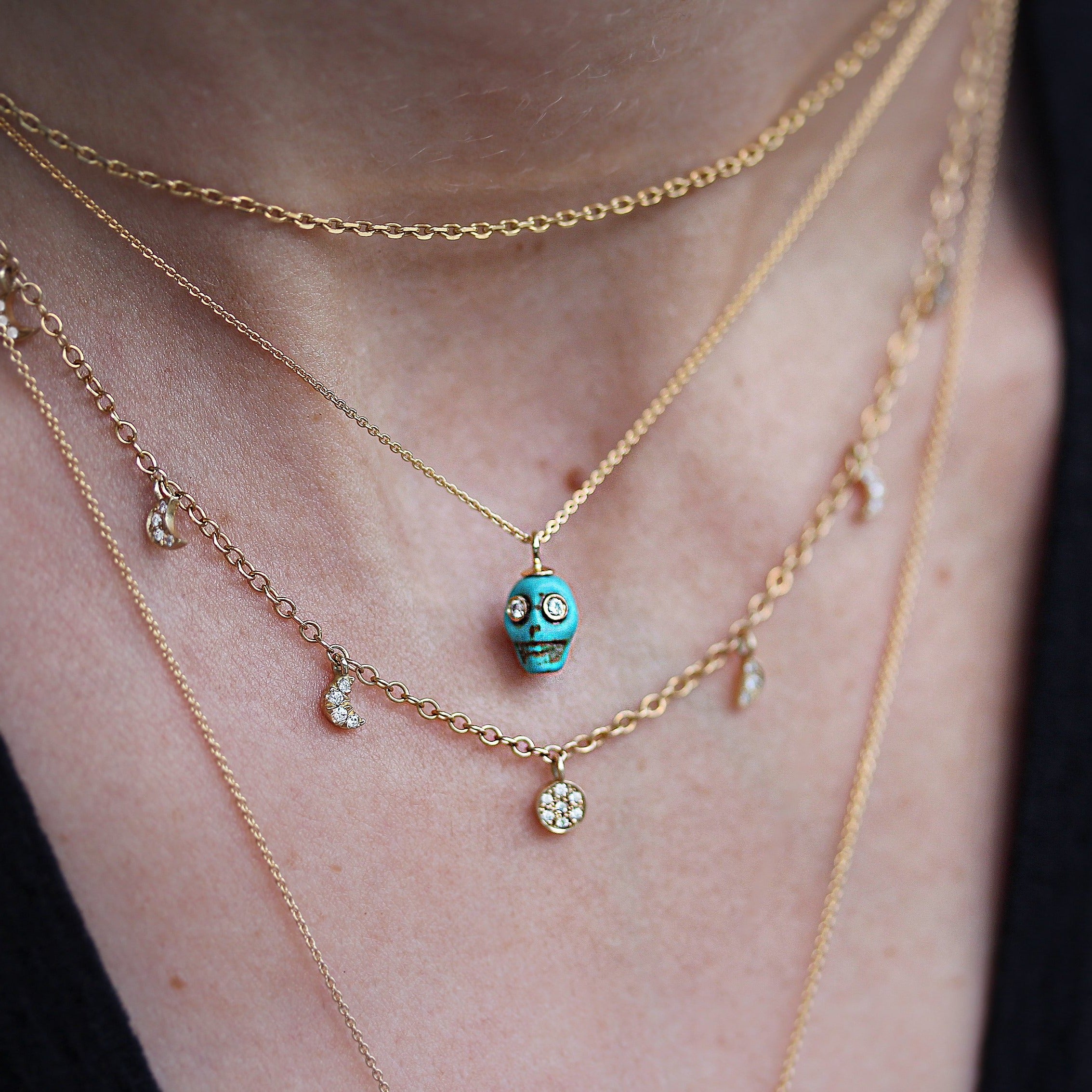 Howlite Turquoise Mini Skull gold Pendant Necklace for Halloween - sillyshinydiamonds