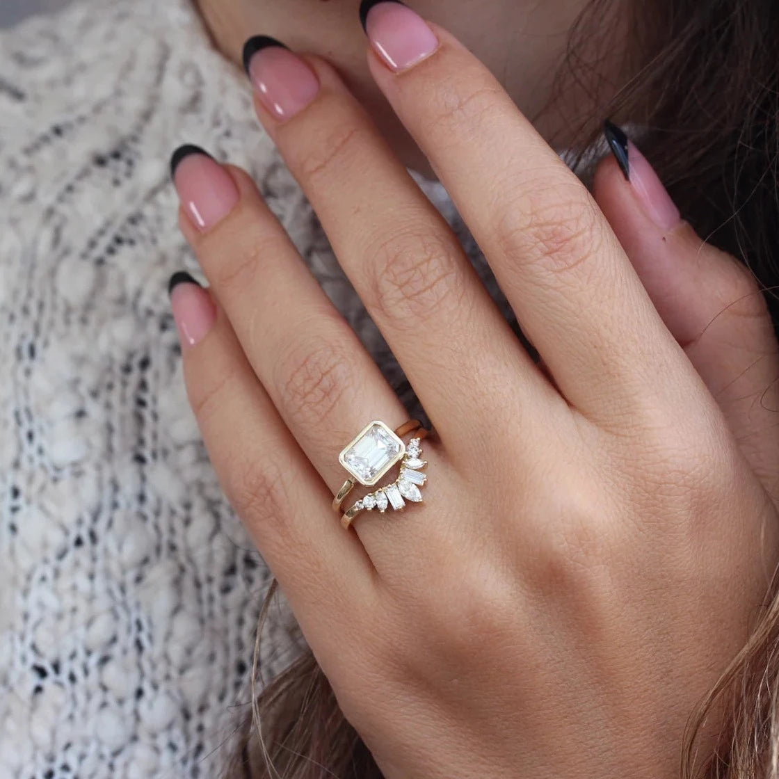 East West Emerald Cut Solitaire Bezel Set Diamond Engagement Ring