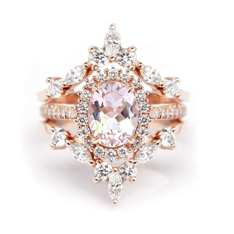 Oval Nia & Two Hermes, Morganite & Diamond Engagement Three Rings Set