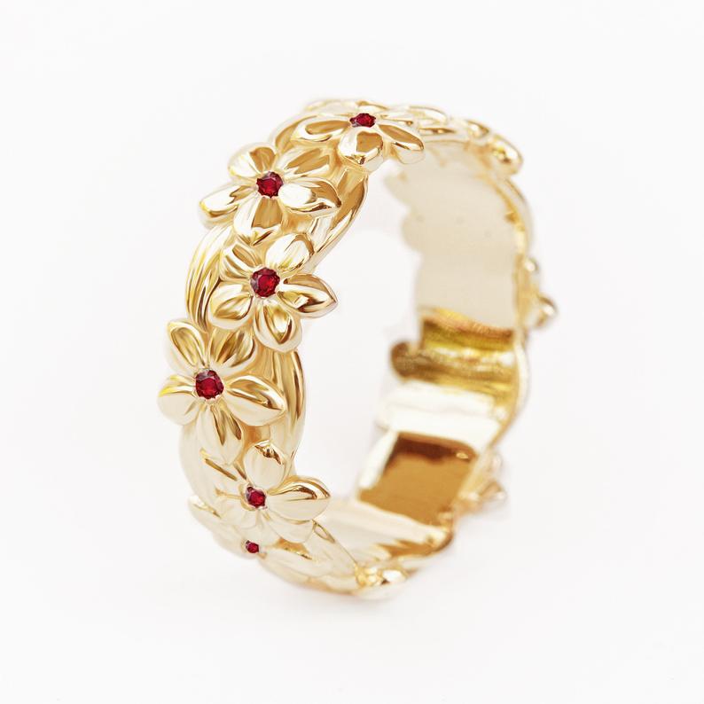 Hawaiian Ruby floral Jungle Unisex Wedding Band - sillyshinydiamonds