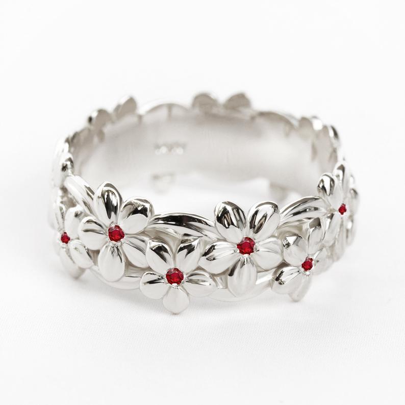 Hawaiian Ruby floral Jungle Unisex Wedding Band - sillyshinydiamonds