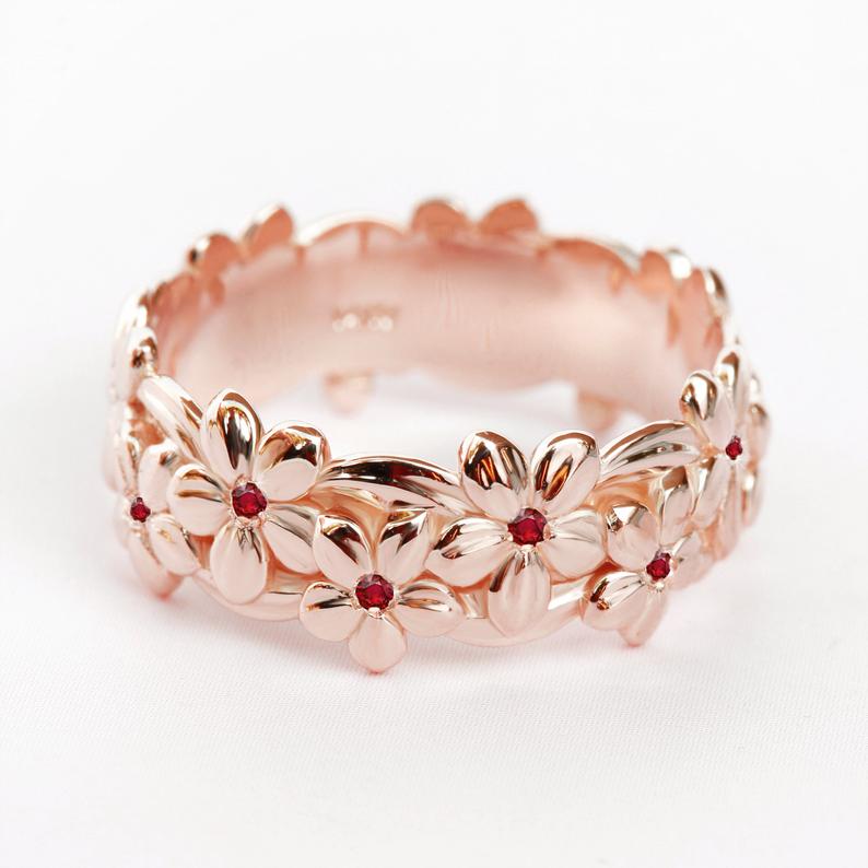 Hawaiian Ruby floral Jungle Unisex Wedding Band - sillyshinydiamonds