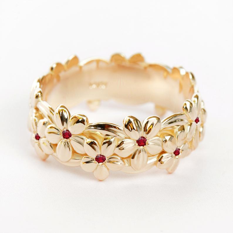 Hawaiian Ruby floral Jungle Unisex Wedding Band - sillyshinydiamonds