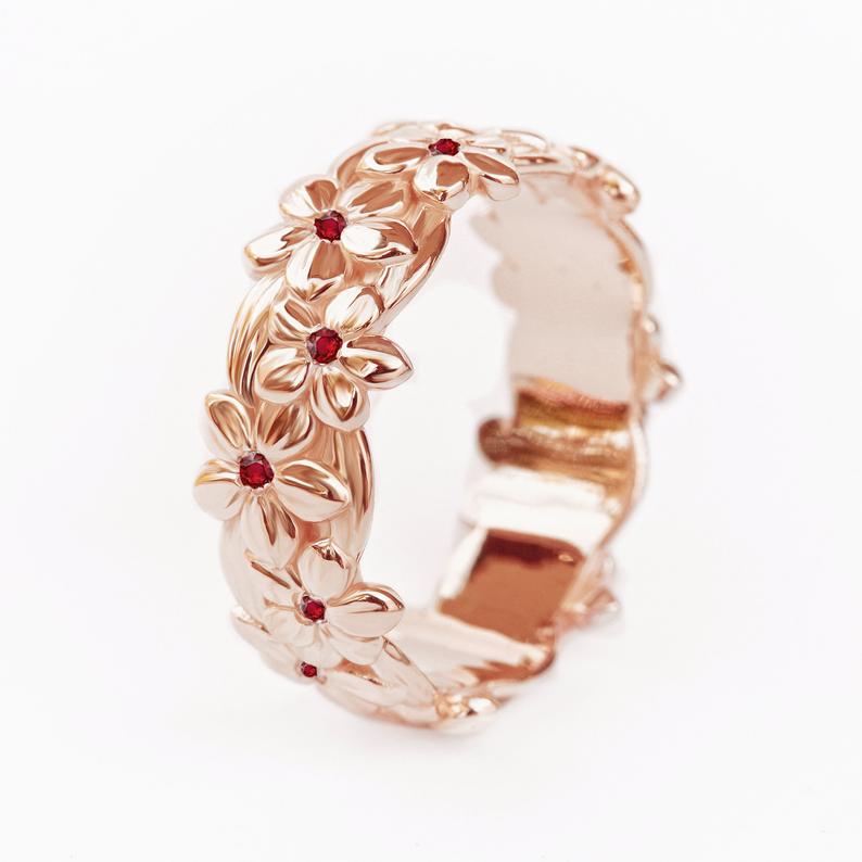 Hawaiian Ruby floral Jungle Unisex Wedding Band - sillyshinydiamonds