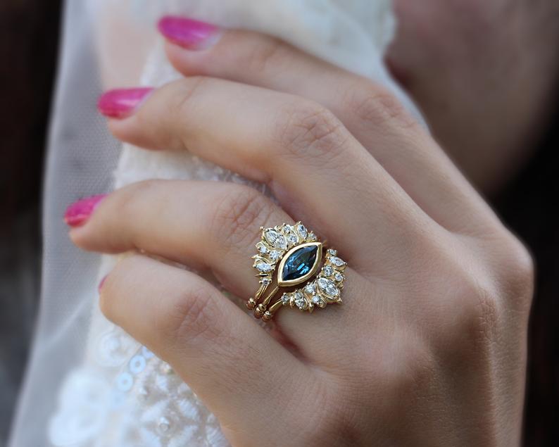 Illuminati Marquise Blue Topaz - Unique Bridal Two ring Set - sillyshinydiamonds