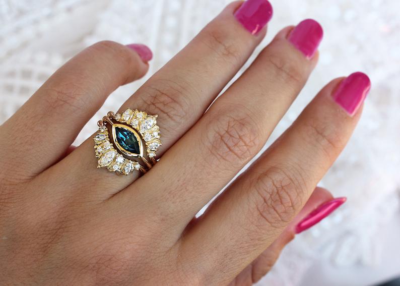 Marquise Blue topaz unique engagement three ring set, Illuminati trio - sillyshinydiamonds