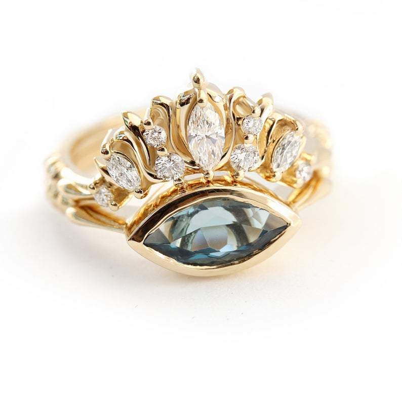 East West Marquise Bezel Set Blue topaz Wedding Three Ring Set - Illuminati Trio ♥