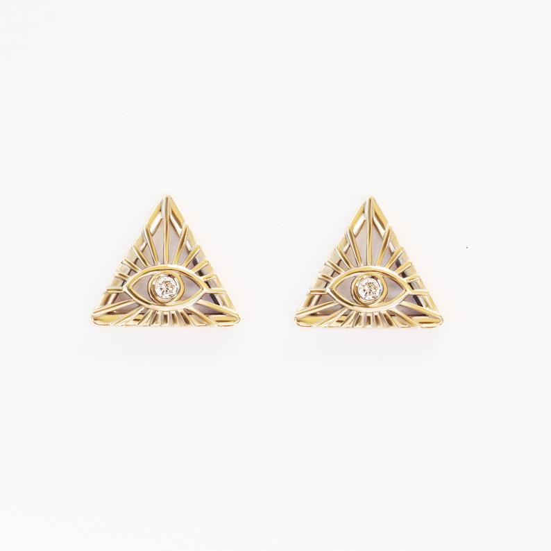 The all seeing Eye Talisman Diamond Stud Earrings, 14K solid Gold Illuminati Stud Earrings - sillyshinydiamonds