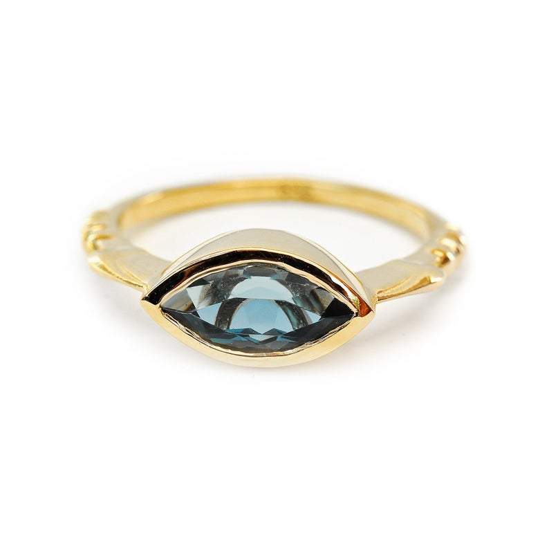 East West Marquise Bezel Set Blue Topaz - Unique Bridal Two ring Set -  "Illuminati"