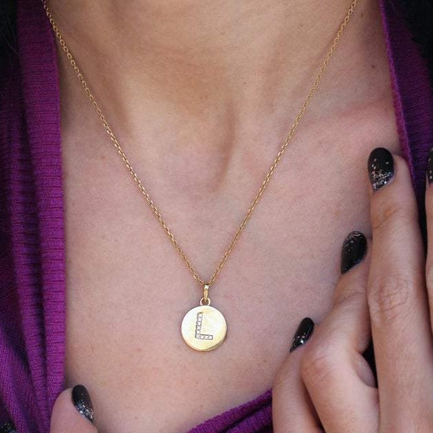 15mm Personalized letter disc charm with diamonds necklace - sillyshinydiamonds