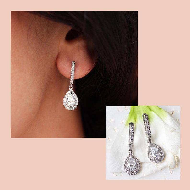 Huggie earrings pear diamond halo drop - sillyshinydiamonds