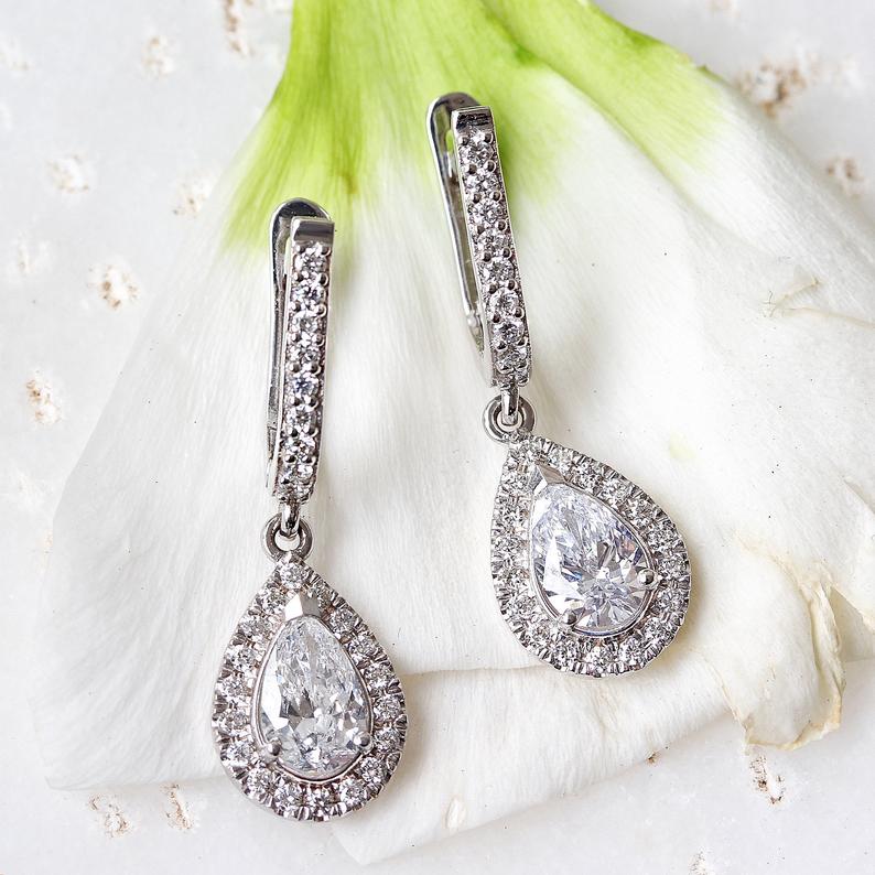 Huggie earrings pear diamond halo drop - sillyshinydiamonds