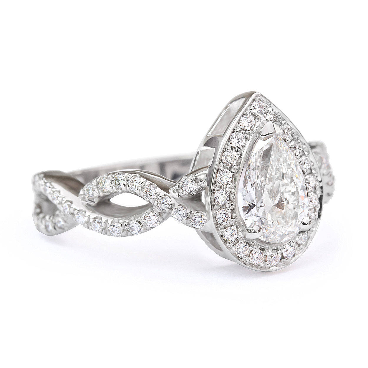 Pear Diamond Halo Engagement Ring Infinity Twist Band. - sillyshinydiamonds
