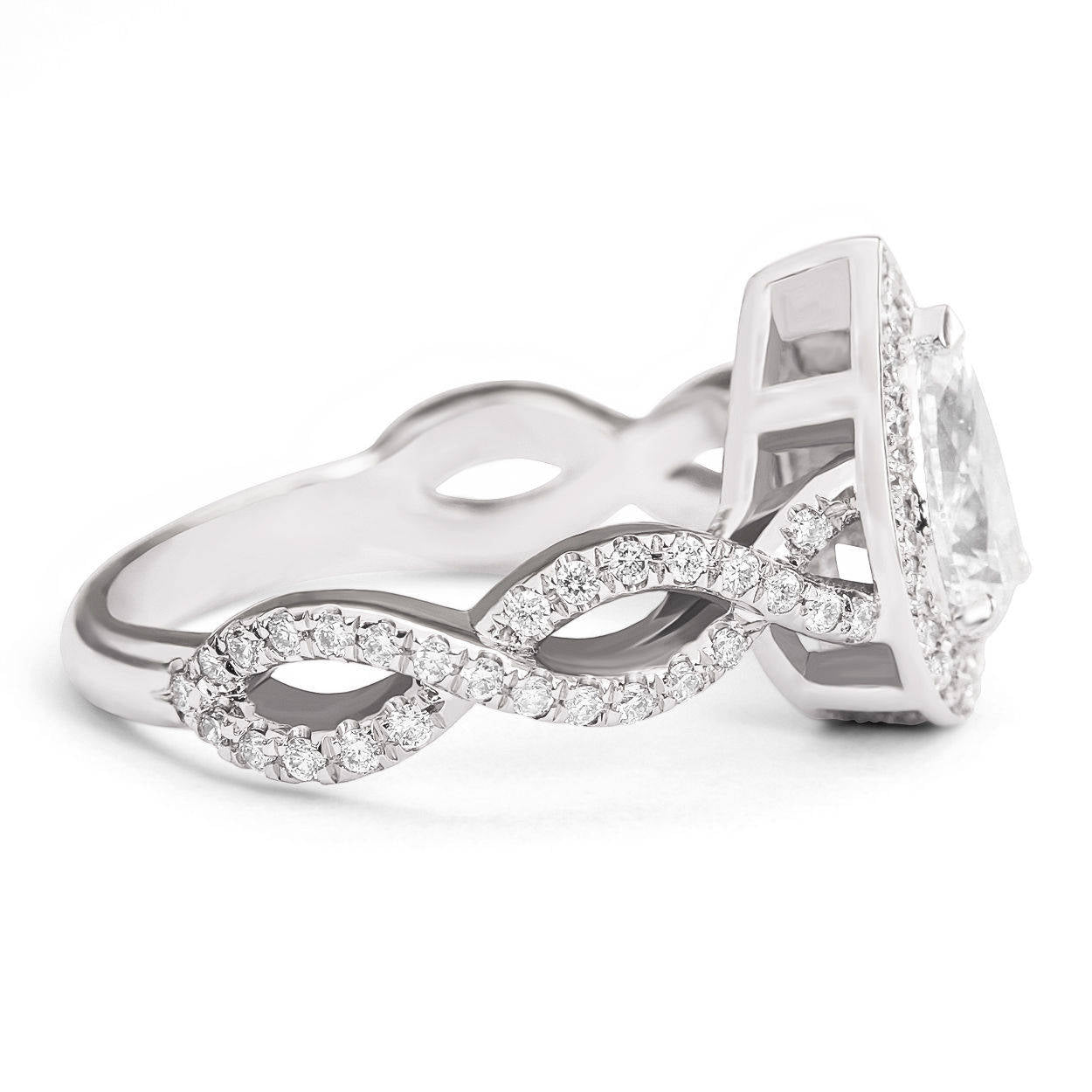 Pear Diamond Halo Engagement Ring Infinity Twist Band. - sillyshinydiamonds