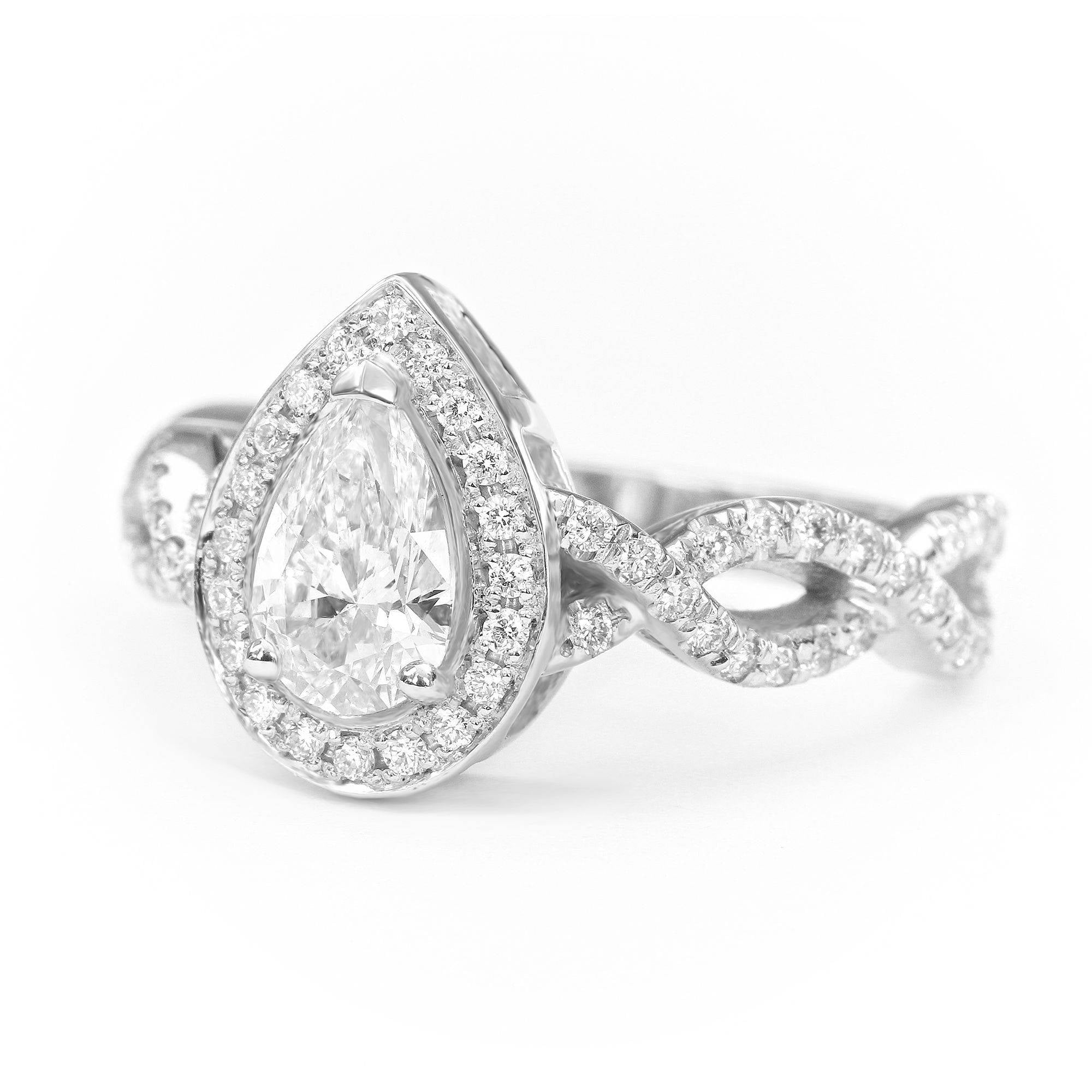 Pear Diamond Halo Engagement Ring Infinity Twist Band. - sillyshinydiamonds