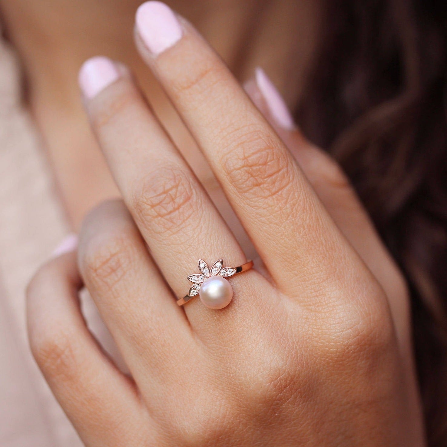 Pearl & Diamond Leaves Ring, Unique Multistone diamond ring - sillyshinydiamonds