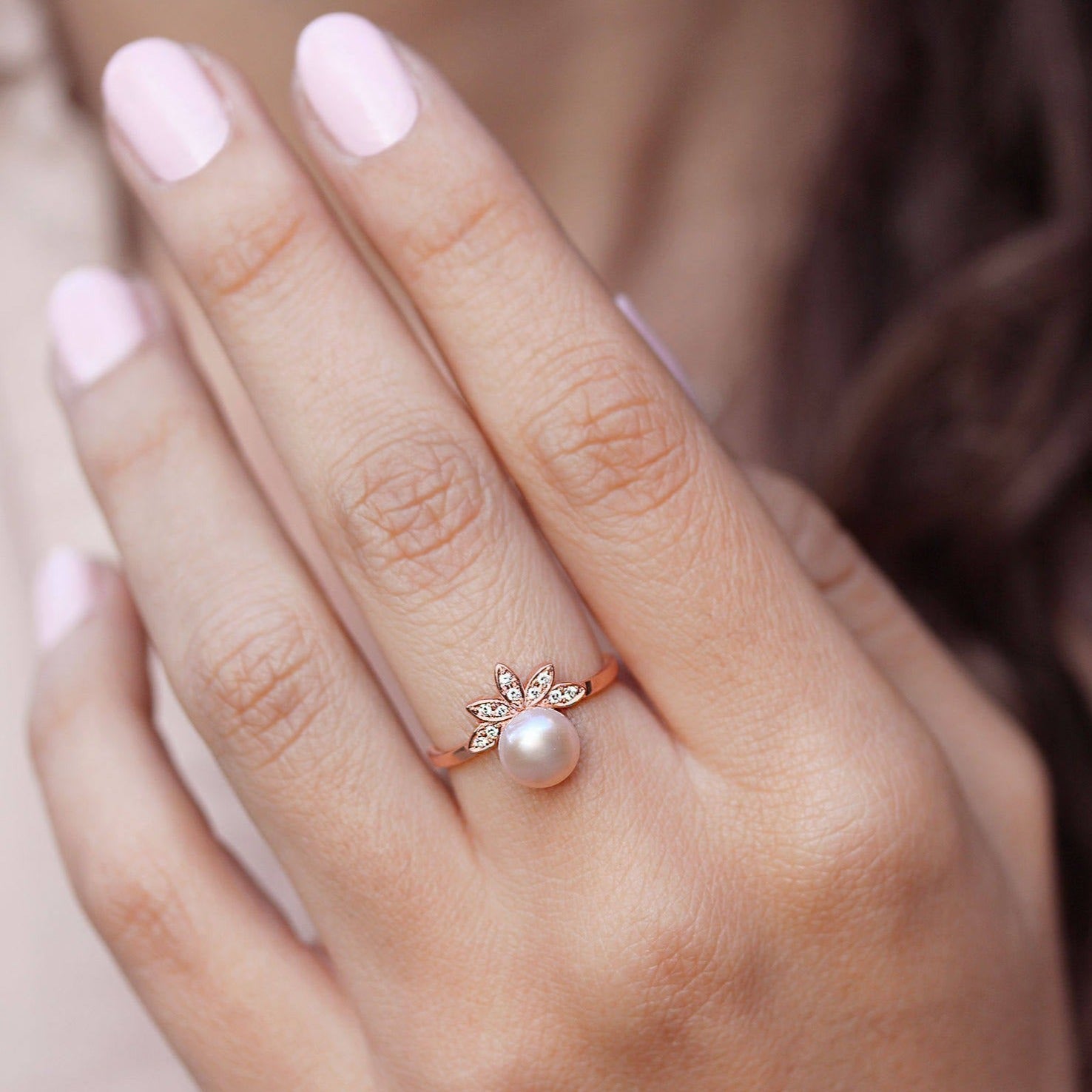 Pearl & Diamond Leaves Ring, Unique Multistone diamond ring - sillyshinydiamonds