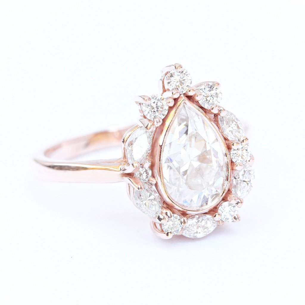 Pear Halo Diamond Unique Engagement Two Rings Set - Ballerina