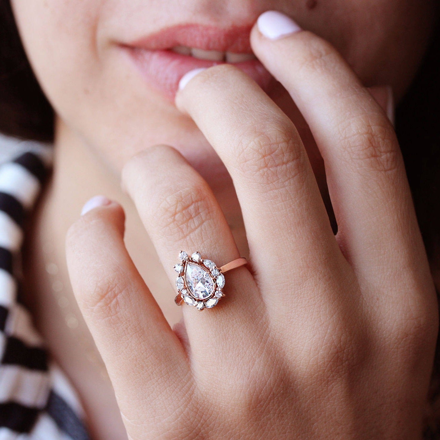 Pear Moissanite & Unique Diamonds Halo Engagement Ring Ballerina - sillyshinydiamonds