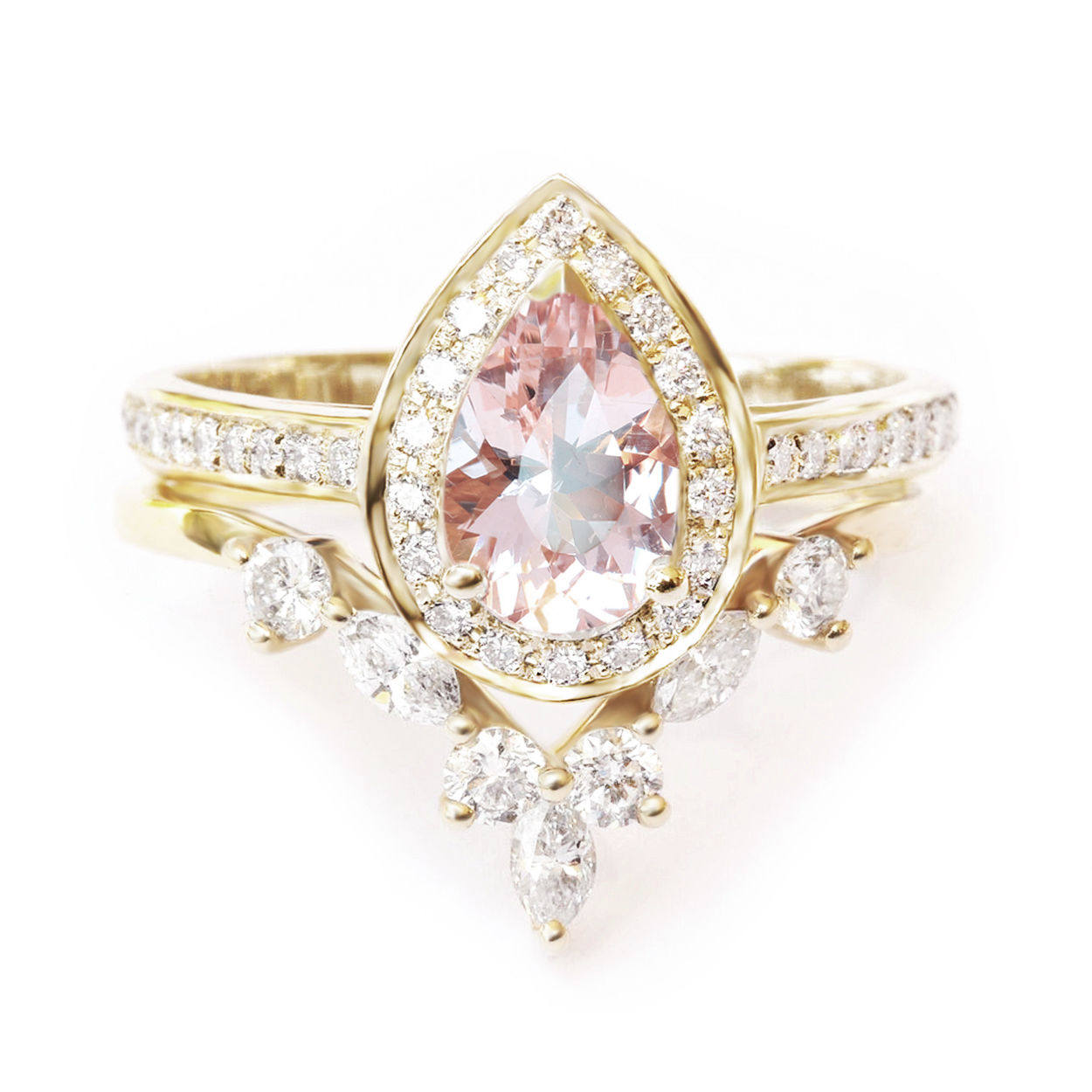 Nia & Hermes - Pear Morganite & Diamond Halo Ceremonial Ring set - sillyshinydiamonds