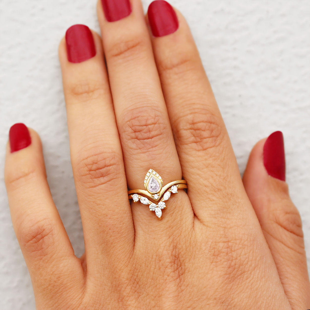 Pear Diamond Unique Chevron Engagement Set, Atyasha + Hermes - sillyshinydiamonds