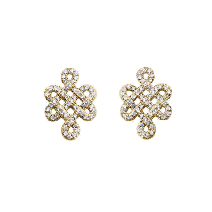 Tibetan symbol of Endless Love, Diamond Stud Earrings - sillyshinydiamonds yellow gold