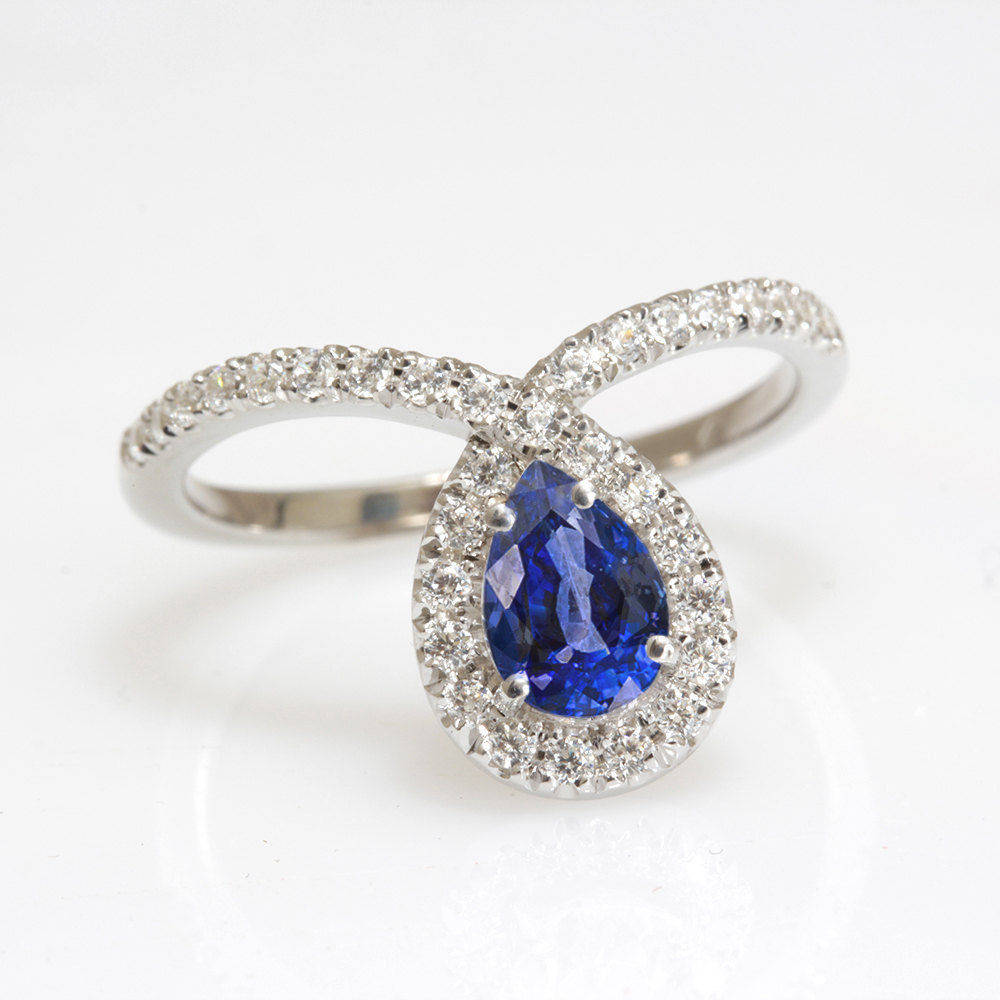 Bliss Pear Sapphire & Loop Diamond Halo Unique Engagement Ring - sillyshinydiamonds