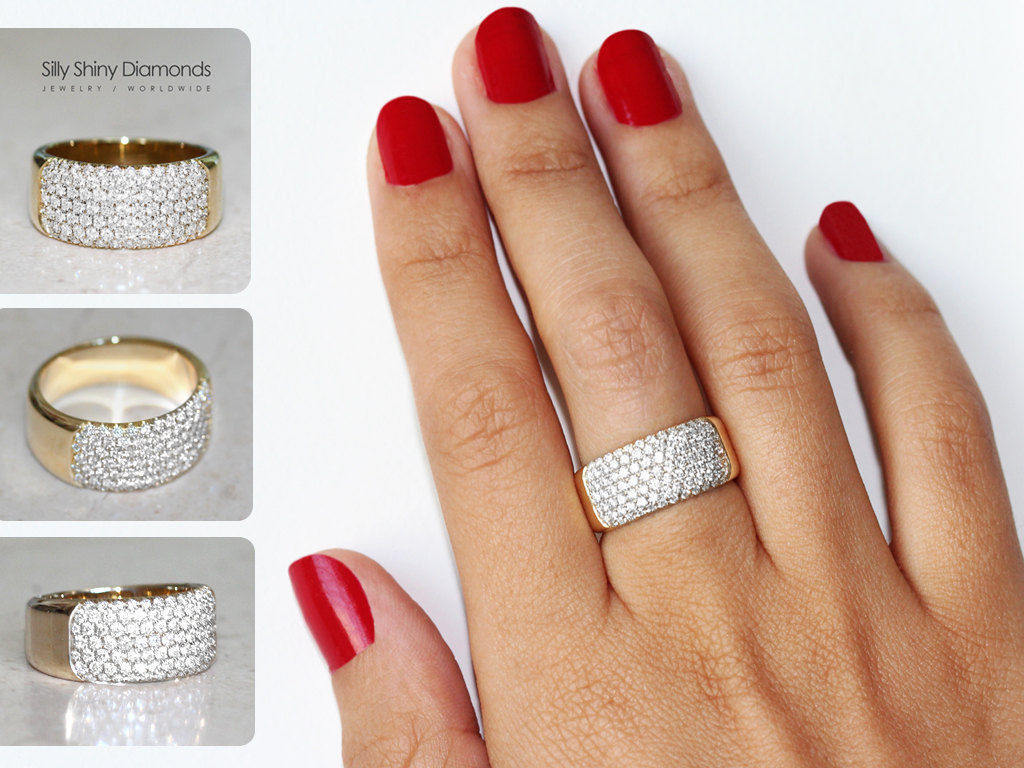 Wide Pave Diamond Band, 7 Rows Anniversary Diamond Ring, 14k Solid Gold - sillyshinydiamonds
