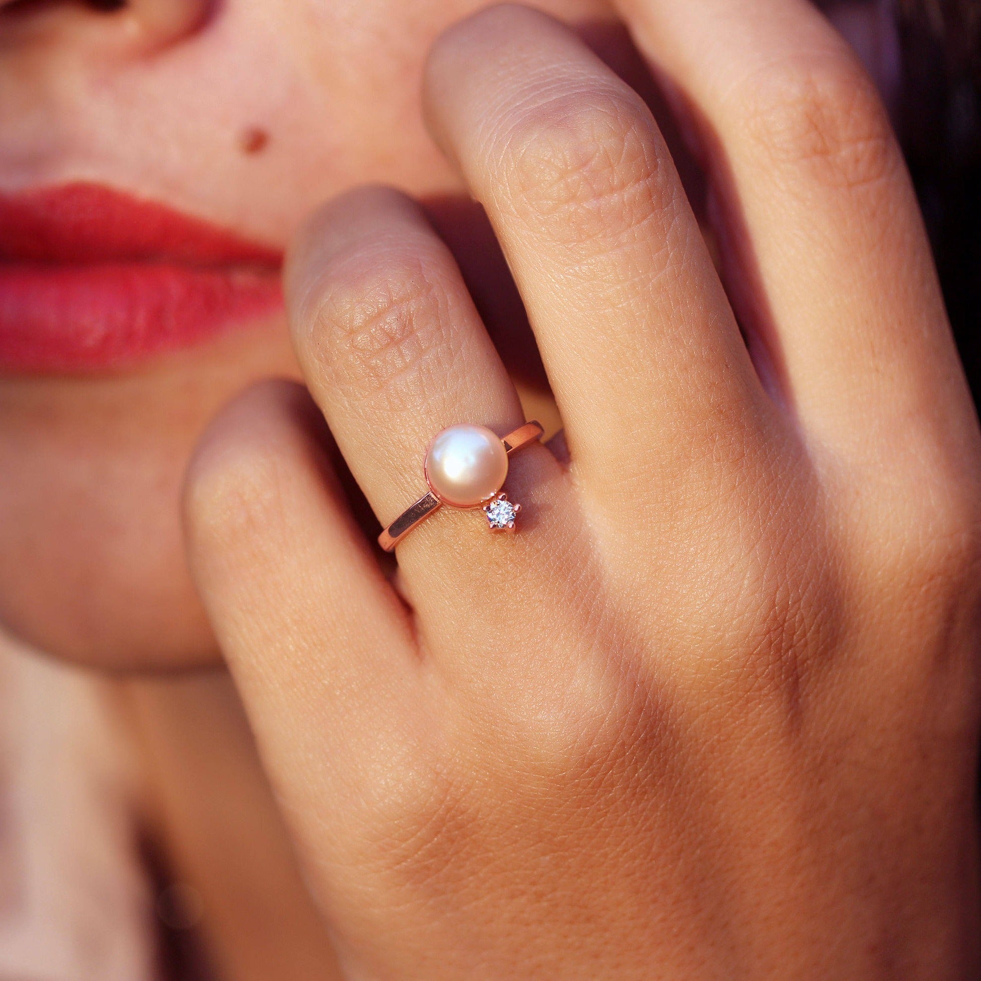 Pearl & Diamond Minimal Promise Rings - sillyshinydiamonds