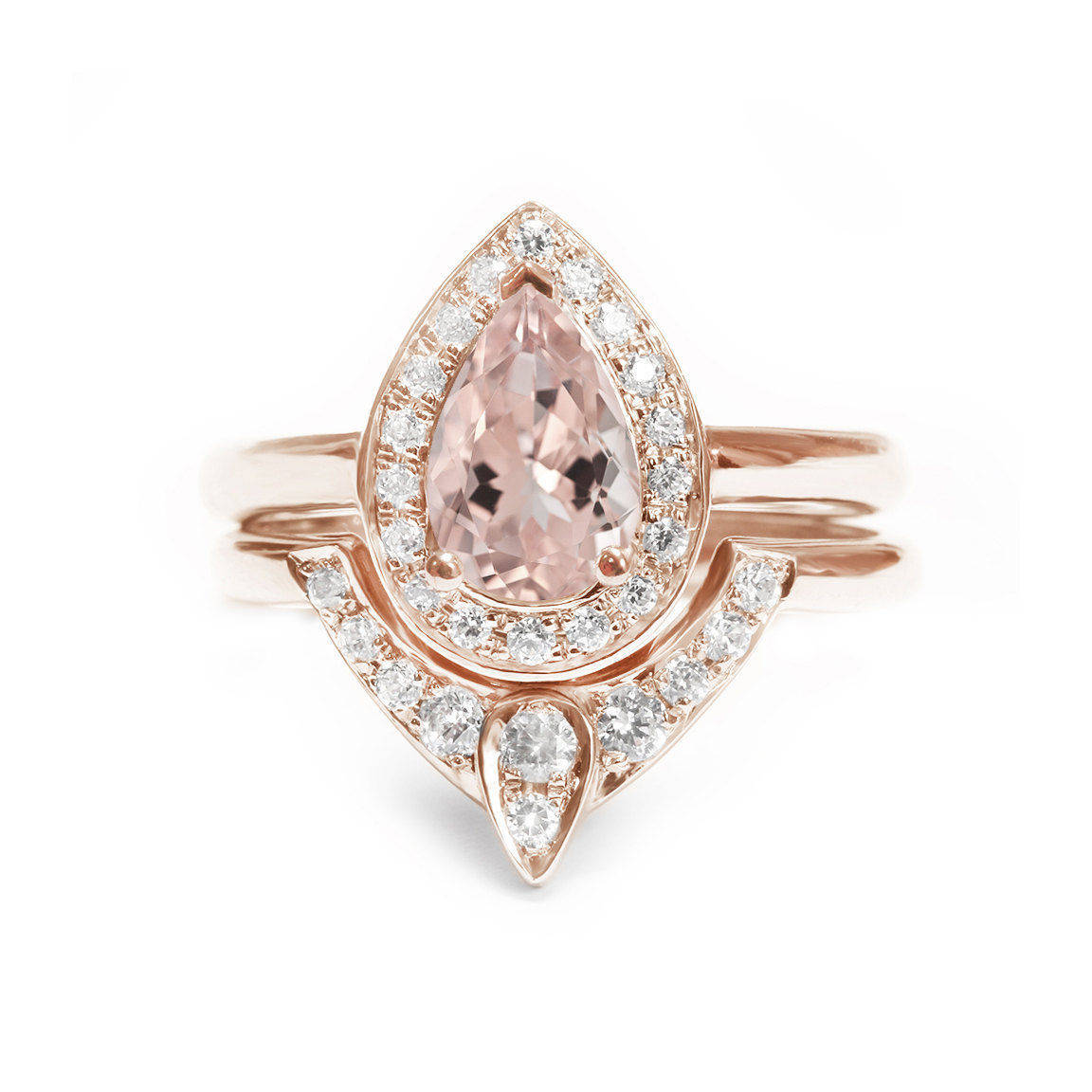 Pear Morganite & Diamonds Halo Unique Engagement Rings Set, The 3rd Eye - sillyshinydiamonds